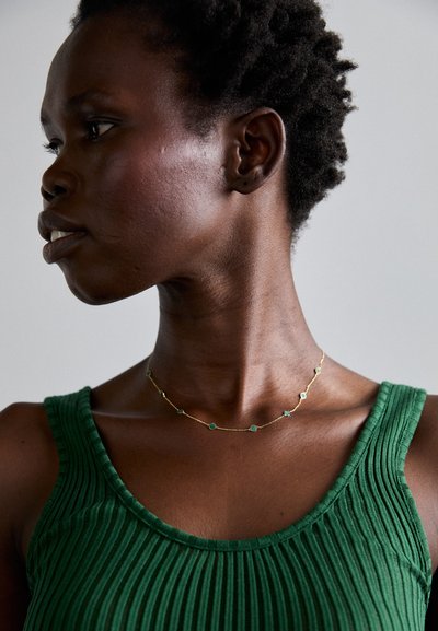 Zelts kaklarota ar mazām zaļām dārgakmeņu, valkāta ar ribotu zaļu topu. Uzsvars uz kakla izgriezumu un kaklarotas dizainu.