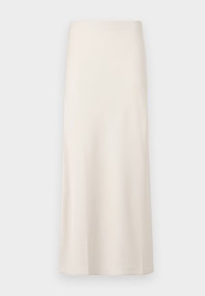 Cream-colored, midi-length skirt with a smooth, satin-like texture and a straight fit. No visible patterns or embellishments.