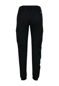 Svart cargo-bukser med elastisk midjebånd, sidelommer og elastiske mansjetter. Jevn tekstur med en avslappet passform, designet for komfort og funksjonalitet.