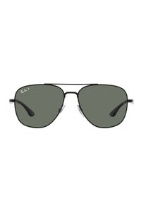 Occhiali da sole aviator neri con lenti verdi, montatura in metallo e naselli regolabili. Caratterizzati da un design classico con il logo Ray-Ban in evidenza.