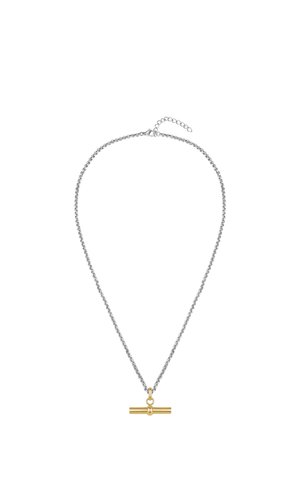 Silberne Halskette mit einem kleinen, horizontalen Goldstab-Anhänger, der in der Mitte mit einem goldenen Ring befestigt ist.