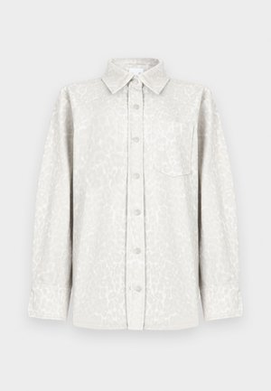 Leopard print button-up shirt in light gray fabric, featuring a pointed collar, a chest pocket, and long sleeves.