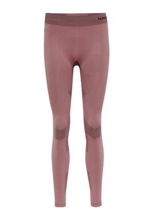 Strak zittende mauve sportleggings met geribde tailleband en subtiele donkerdere patroondetails op knieën en dijen.