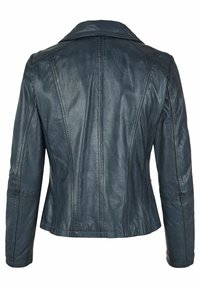 Donkerblauwe leren jas met een aansluitend ontwerp, gekartelde kraag, zichtbare naden en lange mouwen, met een zachte textuur.