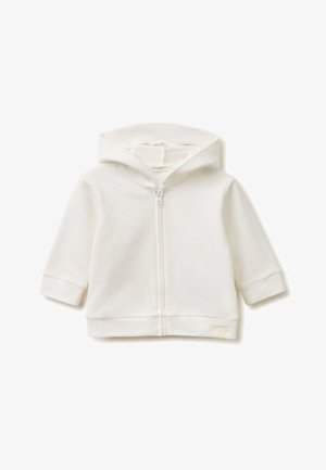 Felpa bianca per neonati con maniche lunghe, con cerniera frontale e cappuccio incorporato, realizzata in tessuto morbido.