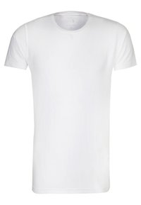 T-shirt blanc à manches courtes en coton doux, avec un col rond et un ourlet droit. Pas de motifs ni d'embellissements visibles.