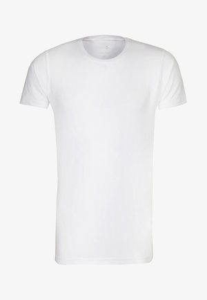 Weißes T-Shirt mit kurzen Ärmeln, aus weicher Baumwolle, mit Rundhalsausschnitt und geradem Saum. Keine sichtbaren Muster oder Verzierungen.