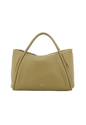 Olive green leather handbag with two handles and a rounded shape. Features stitched detailing and a small metallic logo at the front.