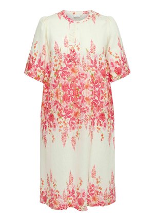 Kreemikas põlveni ulatuv kleit roosa ja oranži lillemustriga, lühikeste pouf-varrukatega, ümmarguse kaelusega ja esiküljel nööbigagi, millel on volangukujuline detail.