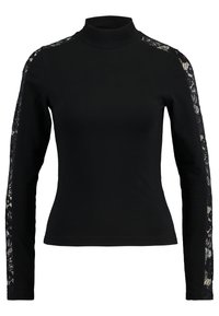 Black long-sleeve top with a high neckline. Features lace panels along the arms. Made of soft, stretchy fabric with a fitted silhouette.