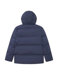 Marineblaue Steppjacke mit Kapuze, die ein steppendes Design und gepolsterte Textur aufweist. Der Rücken hat eine gerade Silhouette ohne sichtbare Beschläge.