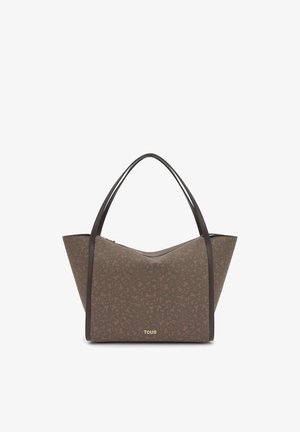 Borsa a tracolla marrone con manici marrone scuro, caratterizzata da un motivo floreale sottile e dal logo "TOUS" in oro al centro in basso.