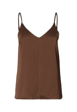 Braunes ärmelloses Oberteil mit V-Ausschnitt, aus einem strukturierten Stoff, mit dünnen Trägern und einer lockeren Silhouette.