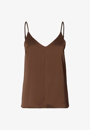 Top sin mangas marrón con escote en V, hecho de una tela texturizada, que presenta tirantes finos y una silueta relajada.