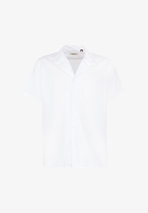 Witte korte mouwen blouse met knopen, open kraag en een klein Italiaanse vlagdetail aan de binnenkant van de kraag.