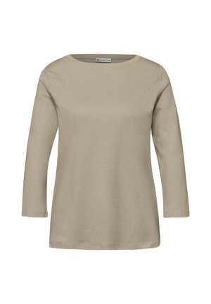 Beige pitkähihaisen naisten puseron pyöreällä pääntiellä, yksinkertaisella mallilla ja suoralla helmalla, esitettynä valkoisella taustalla.