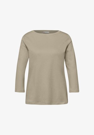 Beige dames top met lange mouwen, ronde halslijn, eenvoudig ontwerp en rechte zoom, getoond op een witte achtergrond.