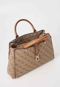 Borsa a tracolla marrone con motivo, con dettagli in pelle beige, chiusura con zip, manici doppi e dettaglio del logo dorato sulla parte anteriore.