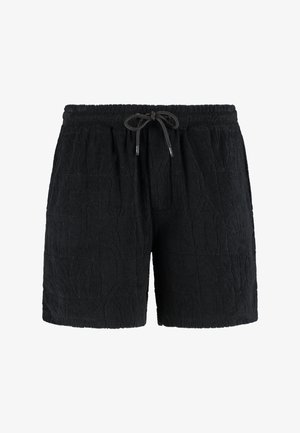 Juodi šortai, pagaminti iš tekstūruoto audinio, su elastinga juostos juosta ir raišteliu. Dizainas apima subtilų įspaustą raštą.