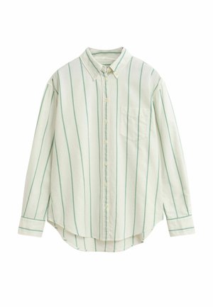 Hellgrün-weiß gestreiftes Langarmhemd aus Stoff mit Button-Down-Kragen, ausgestattet mit einer Brusttasche und abgerundetem Saum.