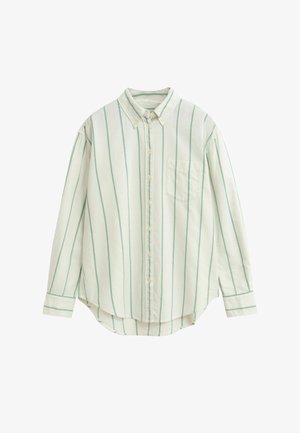 Hellgrün-weiß gestreiftes Langarmhemd aus Stoff mit Button-Down-Kragen, ausgestattet mit einer Brusttasche und abgerundetem Saum.