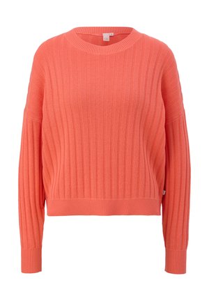 Korallenfarbenes geripptes Sweatshirt mit Rundhalsausschnitt und langen Ärmeln. Verfügt über ein strukturiertes Muster und einen taillierten Saum. Hergestellt aus weichem Strickmaterial.