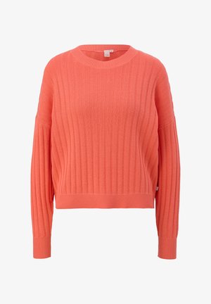 Coral ribbed sweater with a rounded neckline and long sleeves. Features a textured pattern and a fitted hem. Made from soft knit material.