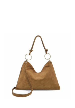Sac à main en daim marron de forme triangulaire, poignée supérieure avec nœuds et anneaux métalliques, et bandoulière amovible.