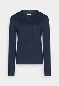 Marineblaues Langarm-Hoodie mit Kordelzugkapuze, aus weichem Baumwollmaterial und glatter Textur. Verfügt über gerippte Bündchen und Saum.