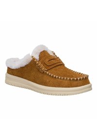 Zapatos marrones de ante tipo slip-on con forro de piel sintética blanca, costuras decorativas blancas y una suela de goma acolchada para mayor comodidad.