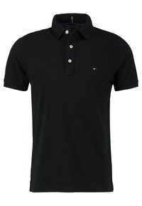 Black short-sleeve polo shirt with three white buttons and small red, white, and blue logo on left chest.