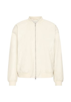 Giacca bomber color crema con cerniera frontale, collo, polsini e orlo a coste, e due tasche laterali.