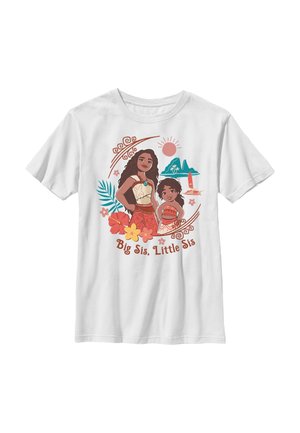 Hvid T-shirt med tegneserie af to polynesiske piger, tropiske blomster, sol, ø og teksten "Big Sis, Little Sis" på fronten.