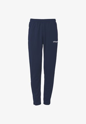 Marineblauwe polyester trainingsbroek met een elastische tailleband, zijzakken en het 'uhlsport' logo in het wit gedrukt op de rechterdij. Gladde textuur.