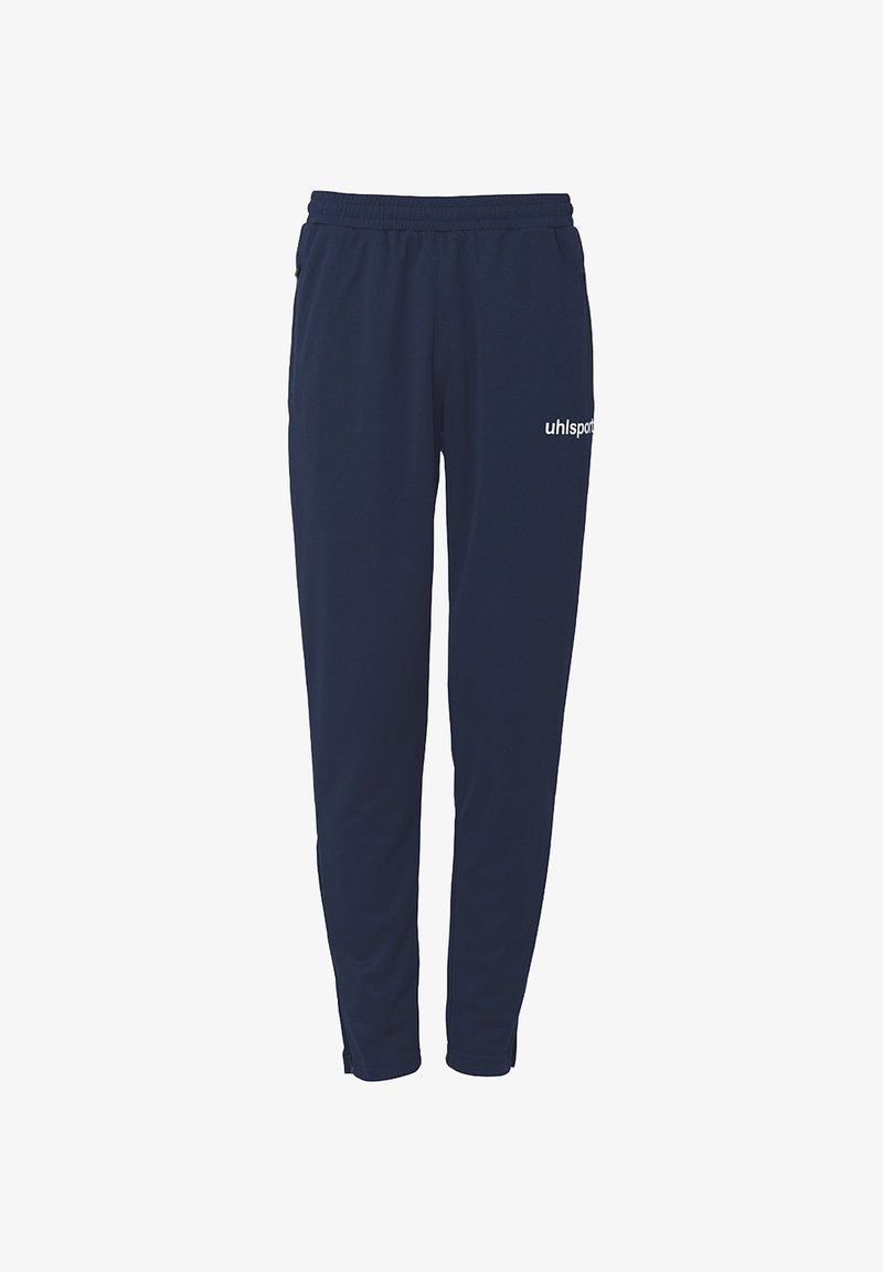Marineblauwe polyester trainingsbroek met een elastische tailleband, zijzakken en het 'uhlsport' logo in het wit gedrukt op de rechterdij. Gladde textuur.