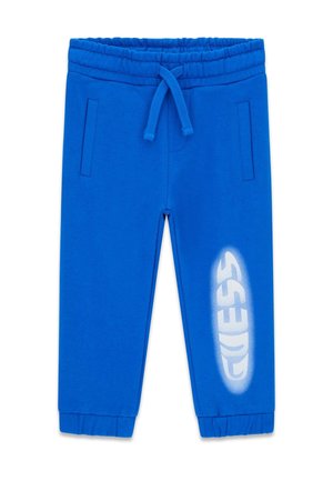 Blaue Baumwoll-Sweatpants mit elastischem Bund und Kordelzug. Verfügt über Seitentaschen und ein weißes bedrucktes Logo am rechten Bein.