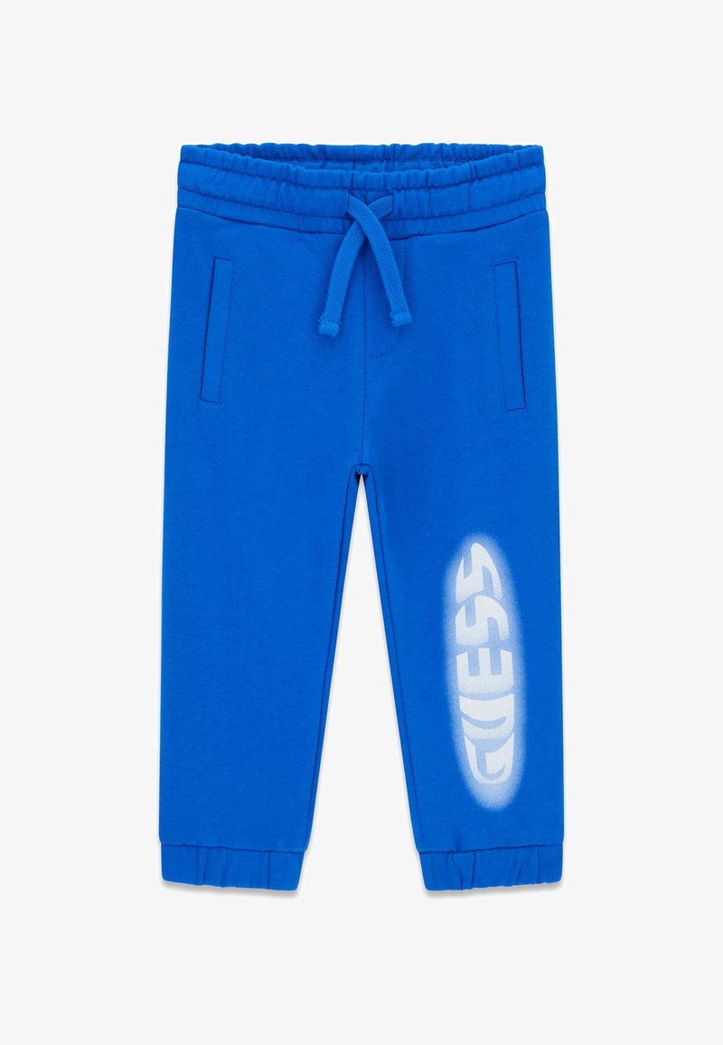 Blaue Baumwoll-Sweatpants mit elastischem Bund und Kordelzug. Verfügt über Seitentaschen und ein weißes bedrucktes Logo am rechten Bein.