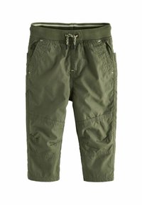 Pantalons cargo verts avec une taille élastique et un cordon de serrage, dotés de poches latérales et de renforts au niveau des genoux. Fabriqués dans un tissu durable et léger.