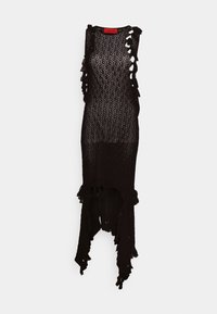 Svart, ärmlös virkad klänning med öppen gallerdesign, volangkanter, förlängd bakdel och ojämn fåll. Lätt och halvgenomskinligt material.