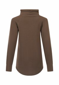 Haut marron à manches longues avec un col montant et des manches raglan. Présente une texture douce et un ourlet arrondi pour un ajustement décontracté.