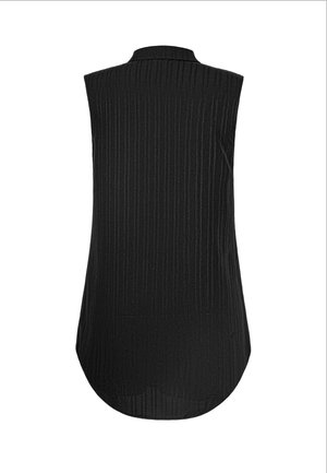 Black sleeveless top with a high neck, featuring a ribbed texture and curved hem. Simple design, suitable for layering or casual wear.
