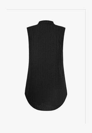Schwarzes ärmelloses Top mit hohem Kragen, das über eine gerippte Textur und einen abgerundeten Saum verfügt. Einfaches Design, geeignet zum Layering oder für lässige Outfits.