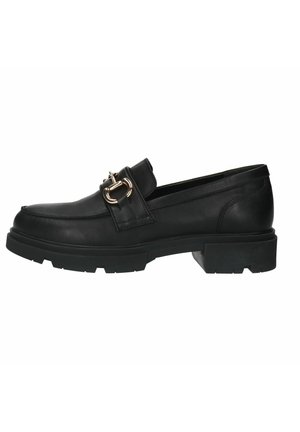 Black leather loafer with a chunky sole, featuring a decorative gold buckle detail on the upper and stitching accents along the edges.