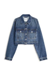 Skraćena traper jakna tamnoplave boje s istrošenom teksturom, dva prednja džepa s preklopom, srebrni detalji i klasični dizajn ovratnika.