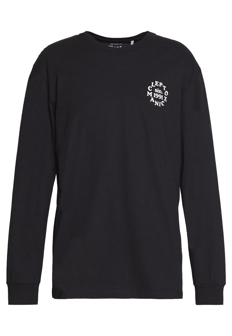 Schwarzes Langarm-T-Shirt aus Baumwolle. Verfügt über ein kleines weißes Grafikmotiv im linken Brustbereich. Klassischer Rundhalsausschnitt und gerippte Bündchen.