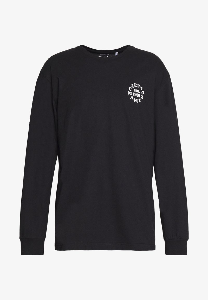 Schwarzes Langarm-T-Shirt aus Baumwolle. Verfügt über ein kleines weißes Grafikmotiv im linken Brustbereich. Klassischer Rundhalsausschnitt und gerippte Bündchen.