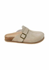 Beige Wildlederschuhe mit abgerundetem Zehenbereich, verstellbarem Riemen und einer strukturierten Korkakzent an der Ferse. Verfügt über eine Gummisohle für besseren Grip.