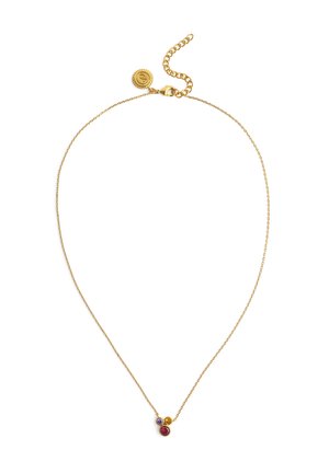 Gouden ketting met een delicaat ontwerp, voorzien van drie hangerstenen in verschillende kleuren: paars, geel en rood. Verstelbare sluiting.