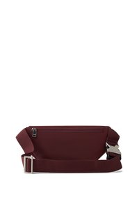 Borsa a cintura in tessuto bordeaux con una texture liscia. Caratterizzata da una tasca con zip, una cintura larga e regolabile e dettagli in metallo argento.