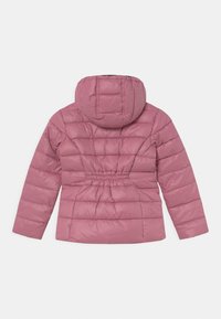 Veste doudoune rose avec capuche, présentant un design matelassé, un détail de taille froncée et une texture lisse. La vue arrière révèle des manches longues.